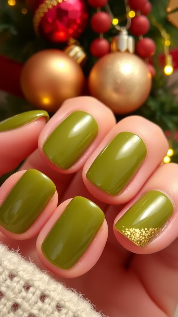 Short olive green nails with gold glitter accents on a festive Christmas background.